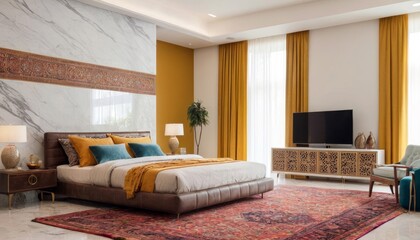 Modern bedroom concept for 2025 with bright ambiance, featuring sleek furniture, and vibrant colors