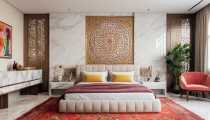 Modern bedroom concept for 2025 with bright ambiance, featuring sleek furniture, and vibrant colors