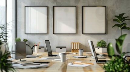 A white office with three empty picture frames on the wall