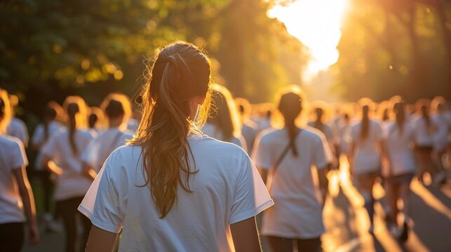 Participants wearing matching T-shirts at a mental health walkathon Stock Photo with copy space
