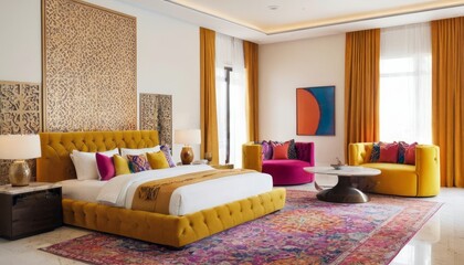 Modern bedroom concept for 2025 with bright ambiance, featuring sleek furniture, and vibrant colors