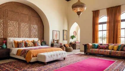 Modern bedroom concept for 2025 with bright ambiance, featuring sleek furniture, and vibrant colors