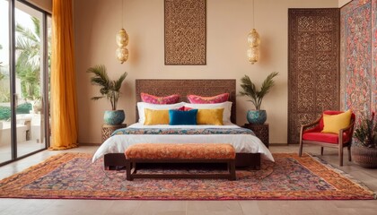 Modern bedroom concept for 2025 with bright ambiance, featuring sleek furniture, and vibrant colors