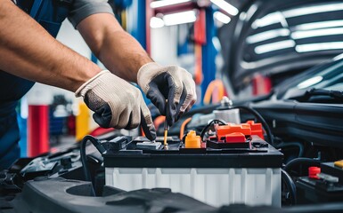 technician hands of car mechanic working repair engine in auto repair Service electric battery and maintenance of car battery in garage automobile profession check the electrical system inside the car