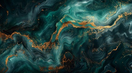 Dark Green and Gold Liquid Swirl Abstract Painting