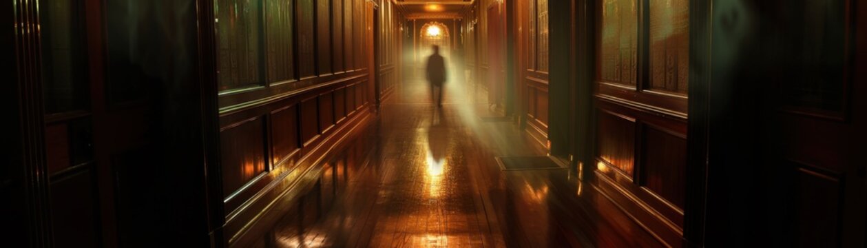 Haunting Presence in Dimly Lit Hallway - Eerie Ghostly Figure Illuminated by Flickering Candlelight