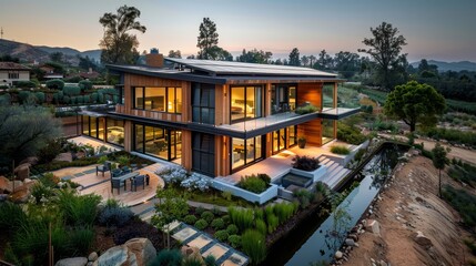 Fototapeta premium Modern luxury home with large windows, surrounded by scenic landscape, beautifully lit at dusk.