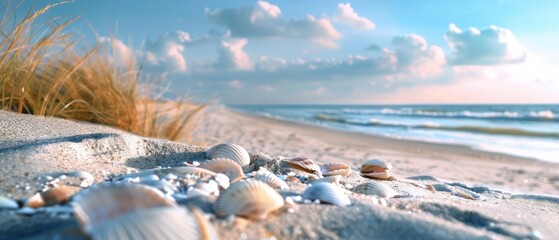 Summer Shores, picturesque beach landscape with sand dune and shell fragments, a warm and inviting visual