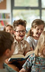 Obraz premium Happy children reading together in a bright classroom, enjoying stories and learning with smiles and laughter.