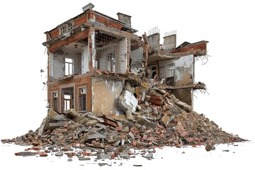 A large pile of broken red bricks, fragments of tiles and concrete, isolated on a white background. Remains of a demolished building. Destroyed building
