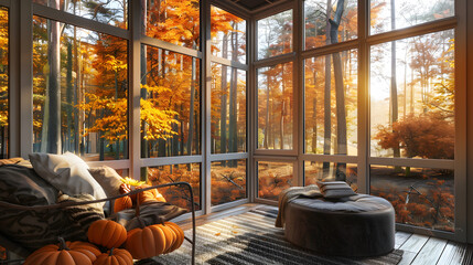 A cozy room with a view of a forest and a chair with a pillow
