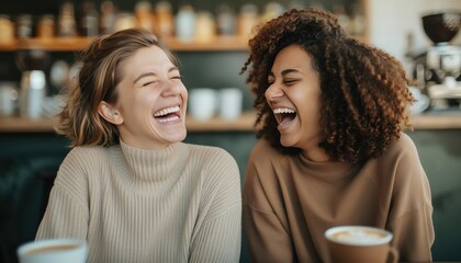 Fototapeta premium Two women laughing and enjoying coffee together in a cozy cafe, showcasing friendship and happiness.
