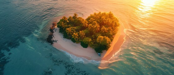 Island of Love, paradise island in the shape of a heart, sunset aerial perspective, a warm and intimate visual