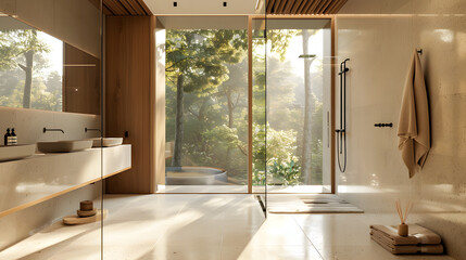 A bathroom with a large window that lets in sunlight and a view of a forest