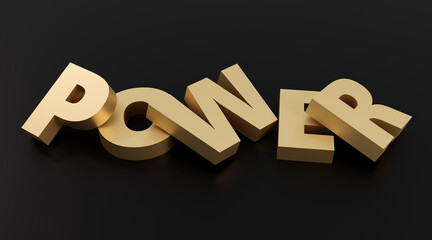 Luxury golden inscription power on black podium, soft light, smooth background, 3d rendering