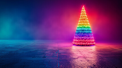Fun bold colorful rainbow Christmas tree glowing neon lights star yop reflective surface festive holiday celebration colorful copy space background banner futuristic shop artistic bright creative ad