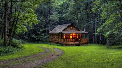 Family enjoying a weekend getaway in a cozy cabin in the woods Stock Photo with copy space