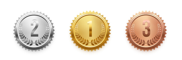 Gold, silver and bronze medals with numbers place set vector illustration. Realistic isolated trophy medal collection with metal reward badges for winners, champions, quality certificate, warranty.