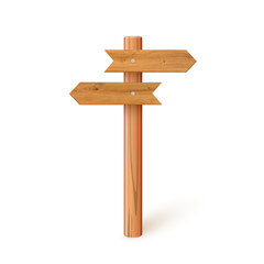 3d wooden signboard vector illustration. Realistic wood sign post. Blank arrow with wood texture, plywood road pointer. City guidance.