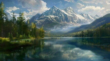 Fototapeta premium Tranquil mountain landscape with a lake reflection, offering a peaceful and natural background. 