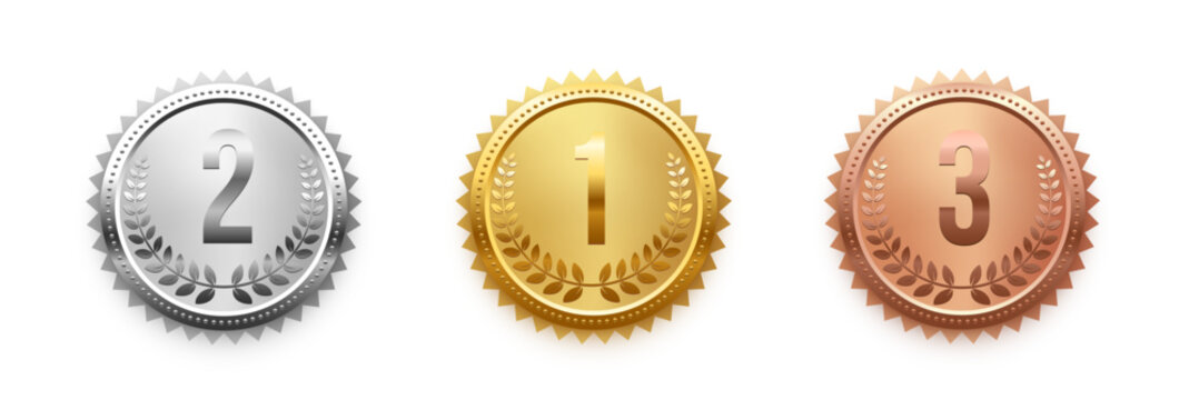 Gold, silver and bronze medals with numbers place set vector illustration. Realistic isolated trophy medal collection with metal reward badges for winners, champions, quality certificate, warranty.