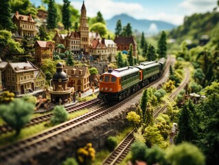 Obraz premium Miniature World: Intricate Model Train Set on Detailed Landscape