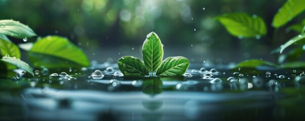 A Single Leaf Floating on Water, A Symbol of Hope and Resilience in a Changing Climate The Green Leaf, a Symbol of Life, Resilience, and Growth, Floats Amidst the Gentle Ripples of a Pristine Water