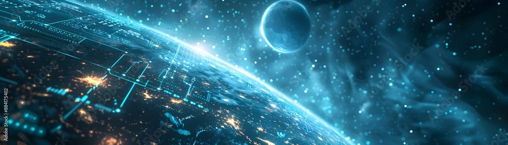 Poster hacker intercepting satellite data on large screen depicting earth and digital coordinates