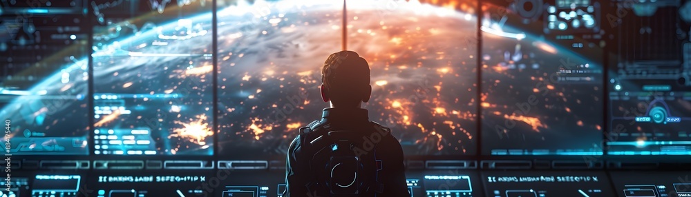 Poster hacker intercepting satellite data on a large futuristic screen showing the earth and digital coordi