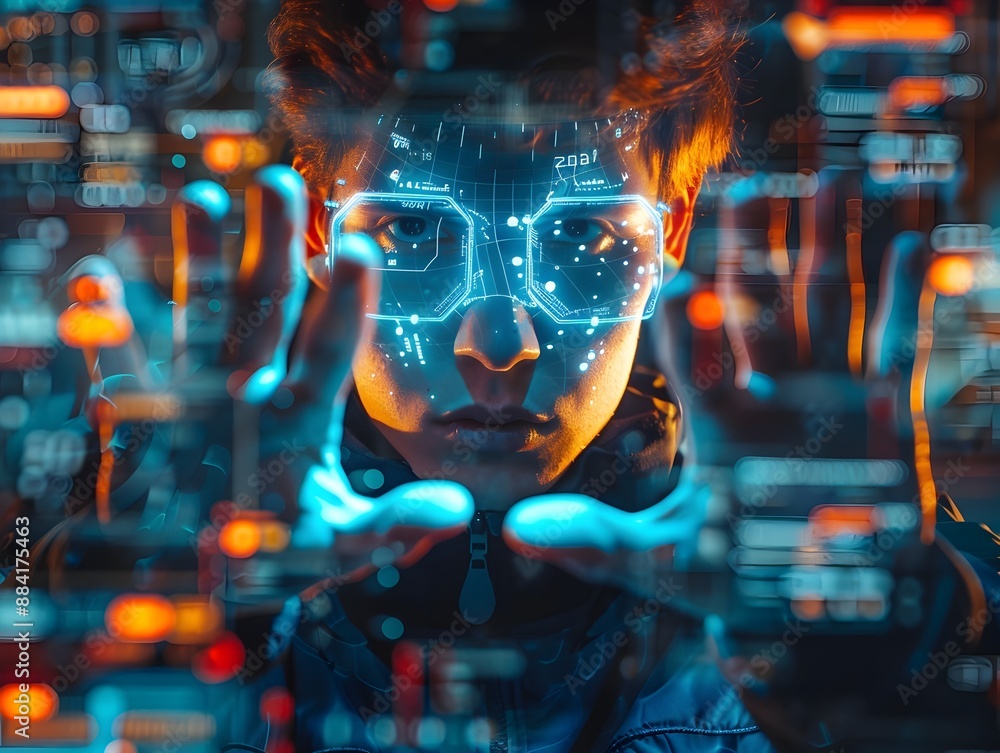Poster young hacker manipulating holographic augmented reality interfaces with gestures