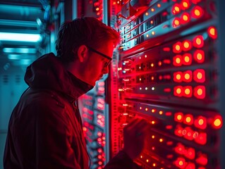 Hacker Breaching Corporate Server Room with Flashing Warning Lights and Security Alarms