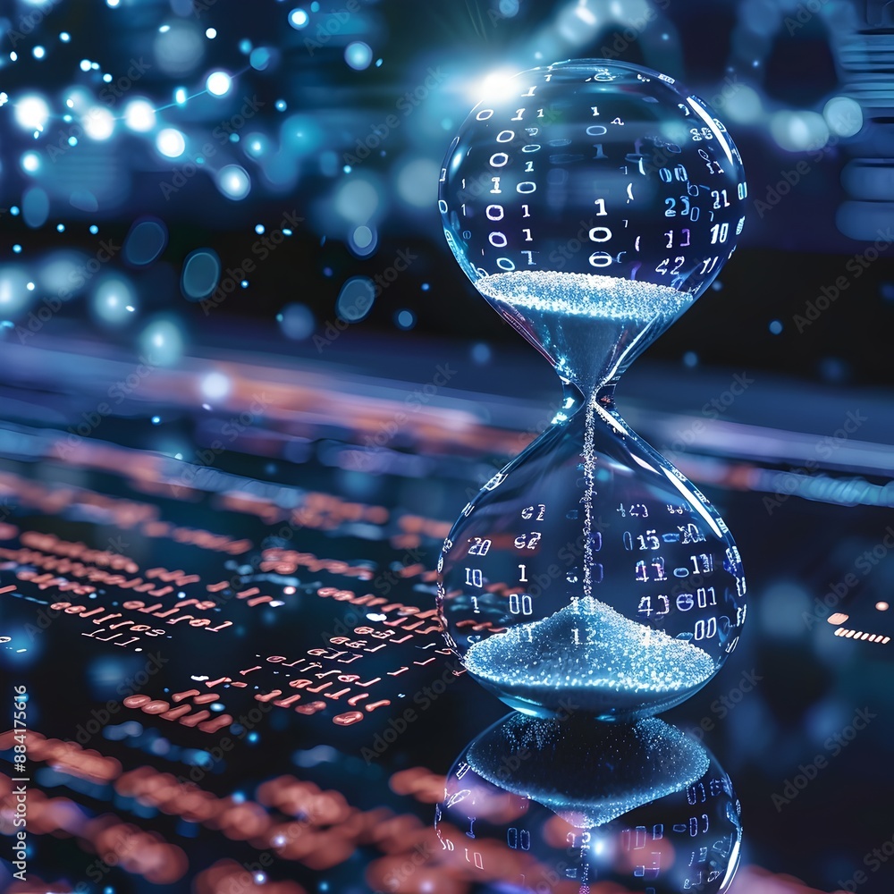 Poster digital hourglass with binary code flowing on computer screen representing time in digital era