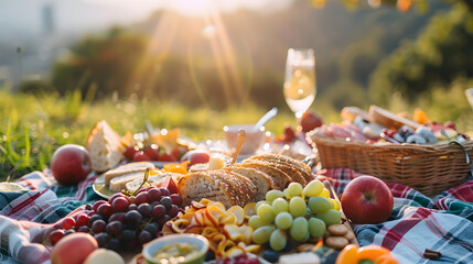 A beautifully arranged picnic setup at sunset, featuring fresh fruits, bread, cheese, and a glass of sparkling wine on a checkered blanket in a scenic park.