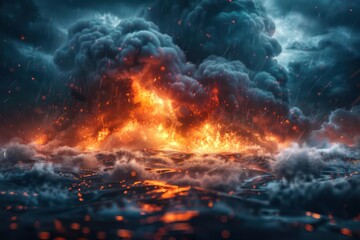 Fototapeta premium Fiery Thunderstorm Dramatic Weather, Dark Clouds, and Raining Sparks, A Stunning Visual of Nature's Fury