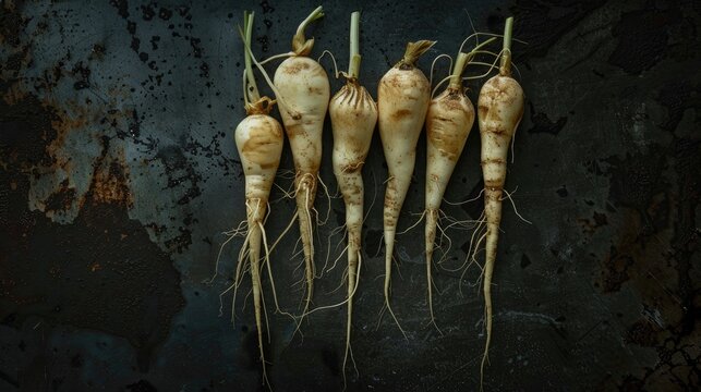 Stock photo of salsifies on dark backdrop