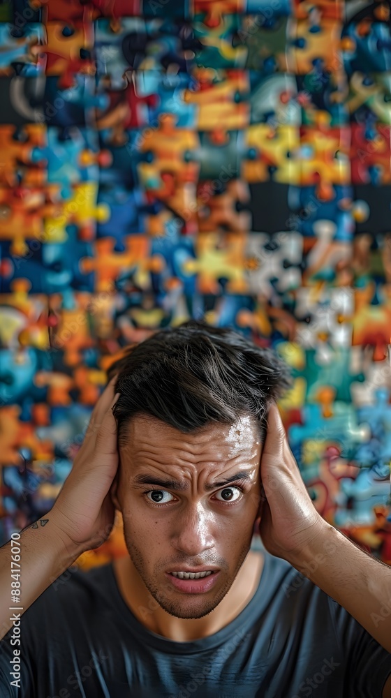 Poster perplexed businessman scratching head in front of complex puzzle contemplating solution
