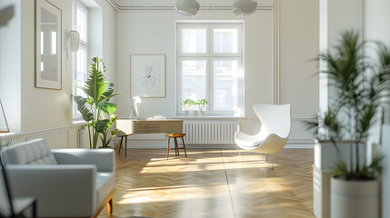 Naklejka premium A large open room with a white couch, a chair, a desk, and a potted plant
