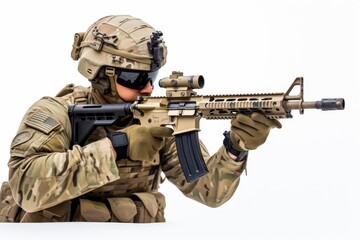 Fototapeta premium Military soldier lying down aiming machine gun isolated on white background in action