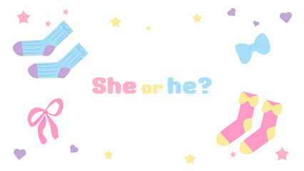 Gender party banner postcard boy or girl. Childrens socks and bows. Baby shower invitation template. Vector illustration.