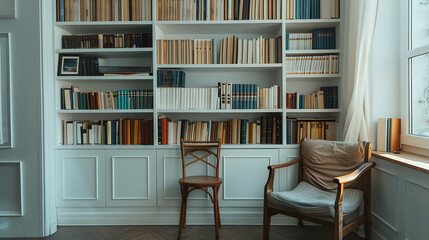 A white room with a white chair and a white bookshelf