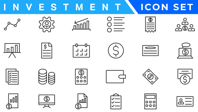Investment Line Editable Icons set. Vector illustration in modern thin line style of business related icons: types of investments, economics, profit, savings, and more. Isolated on white