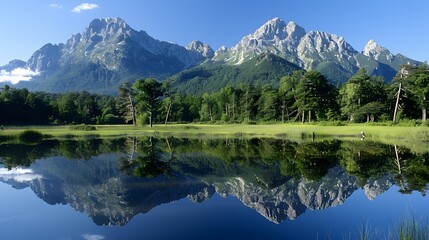 Fototapeta premium Tranquil mountain landscape with a lake reflection, offering a peaceful and natural background. 