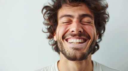 Bearded man with curly hair laughing with eyes closed