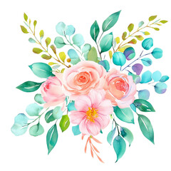 Watercolor floral illustration. Pink flowers and eucalyptus greenery bouquet. Dusty roses, soft light blush peony - border, wreath, frame. Perfect wedding stationary, greetings, fashion, background