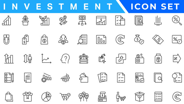 Investment Line Editable Icons set. Vector illustration in modern thin line style of business related icons: types of investments, economics, profit, savings, and more. Isolated on white