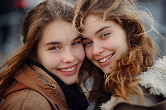 Two girls are smiling and one has a happy friendship poster on the front of them High defination