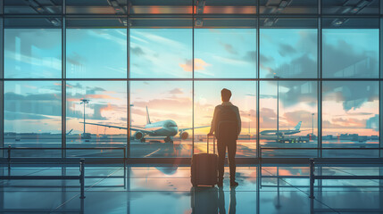 silhouette of people with luggage, gazing out of a large airport window during sunset. The colorful sky and reflections on the glass create a dreamy, contemplative mood