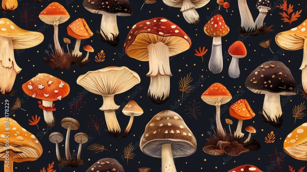Poster seamless pattern of various types of mushrooms with autumn leaves on dark background