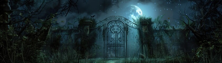 Enchanted Haunted Mansion Gate: Eerie Wrought Iron Entrance Overgrown with Vines on Moonlit Night