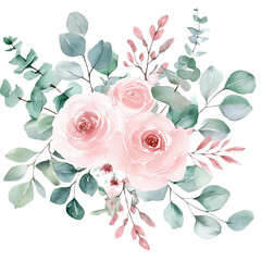 Watercolor floral illustration. Pink flowers and eucalyptus greenery bouquet. Dusty roses, soft light blush peony - border, wreath, frame. Perfect wedding stationary, greetings, fashion, background